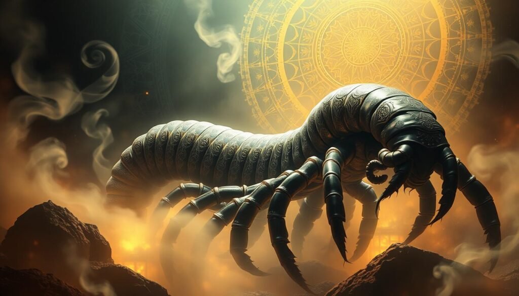 A gargantuan ancient centipede, its segmented body undulating in ethereal light, emerges from a kaleidoscopic dream realm. Ornate patterns adorn its exoskeleton, hinting at arcane symbology. Swirling mists and abstract geometric shapes fill the background, creating a mystical, otherworldly atmosphere. Soft, warm lighting casts dramatic shadows, adding depth and dimension. The centipede's eyes glow with an enigmatic intelligence, suggesting hidden wisdom from the depths of the subconscious. This surreal, visionary scene captures the symbolic essence of the centipede's role in ancient dream interpretation.