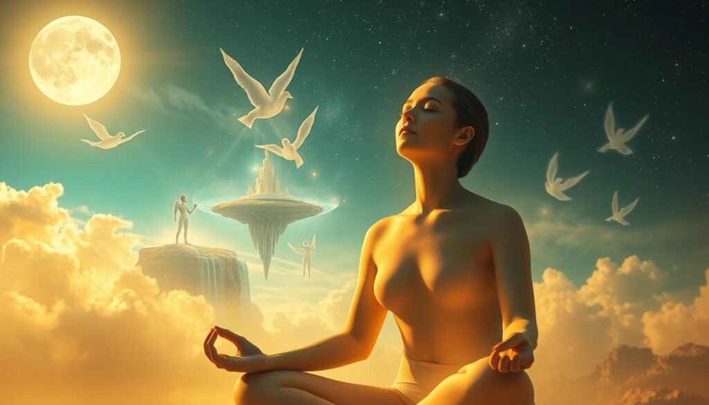 A glowing celestial landscape, soft moonlight casting an ethereal glow. In the foreground, a serene figure sits in meditation, their face uplifted, eyes closed, receiving divine wisdom. Translucent spirit guides and celestial beings surround them, conveying messages through subtle gestures and radiating energy. The middle ground features a dreamlike realm, with floating islands, cascading waterfalls, and swirling nebulae. In the background, a vast expanse of stars and galaxies, hinting at the boundless mysteries of the universe. The lighting is warm and diffuse, creating an atmosphere of tranquility and spiritual connection. Cinematic framing and a wide-angle lens capture the grandeur of this transcendent scene.