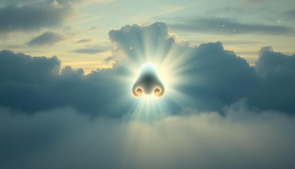 A glowing, ethereal nose floating in a serene, misty landscape. The nose is illuminated from within, emanating a soft, spiritual glow. In the background, a cloudy, celestial sky with stars twinkling. The nose is the focal point, appearing as a mystical, symbolic gateway to the divine. Gentle rays of light radiate from the nose, creating an atmosphere of transcendence and enlightenment. The nose is rendered with a sense of reverence and awe, inviting the viewer to contemplate its deeper spiritual significance. The lighting is soft and diffused, creating a contemplative, meditative mood. The composition is balanced and harmonious, drawing the eye to the central, glowing nose.