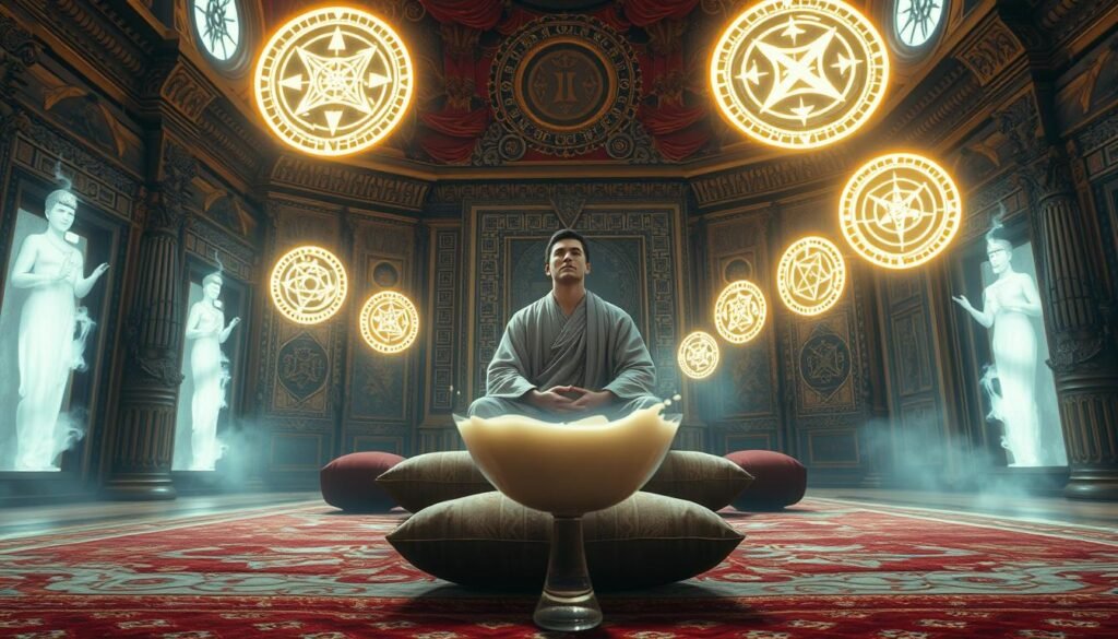 A grand, ornate chamber with intricate carvings and tapestries adorning the walls. In the center, a majestic figure, robed in flowing garments, sits cross-legged on a plush cushion, eyes closed in deep meditation. Surrounding them, glowing symbols and mystical sigils float in the air, casting a warm, ethereal light. In the foreground, a crystal chalice filled with milk levitates, its surface rippling with unseen energies. The atmosphere is one of ancient wisdom, esoteric knowledge, and the exploration of subconscious realms. A masterful blend of realism and surreal, dreamlike elements.