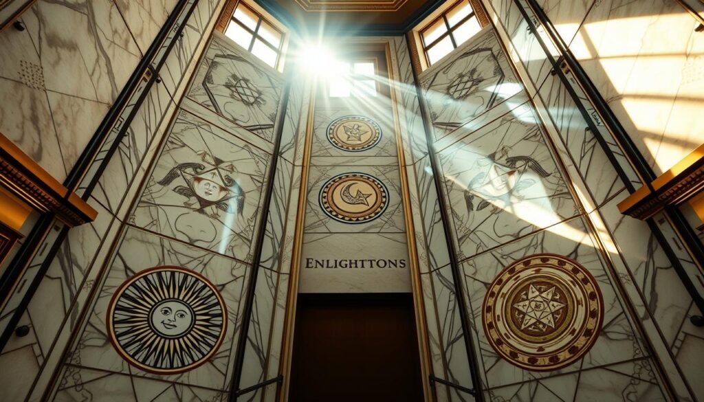 A grand, ornate elevator shaft with intricate floor symbols etched into the marble. The ground floor features a sun symbol, representing earthly grounding. Above, the second floor holds a crescent moon, signifying spiritual awakening. The third floor's star pattern denotes enlightenment. Ascending further, the fourth floor's spiraling design evokes the journey of the soul. Sunlight streams in from tall windows, casting a warm, reverent glow over the scene. The elevator itself is absent, drawing focus to the architecturally significant floors and their symbolic resonance. A sense of contemplative serenity permeates the space, inviting the viewer to meditate on the metaphysical meanings concealed within this sacred vertical passage.
