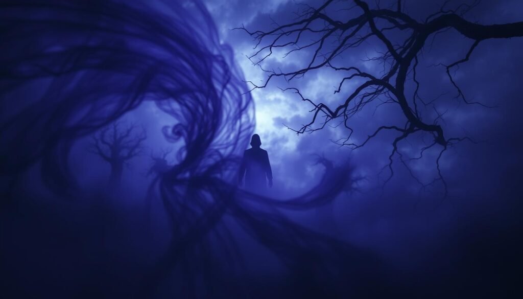 A haunting, ethereal scene of dark purple hues and ominous shadows. In the foreground, a swirling vortex of amethyst and indigo, radiating an unsettling energy. Partially obscured in the middle ground, a lone figure, their features indistinct, stands as a harbinger of foreboding. The background is a dreamscape of gnarled, twisted branches and a stormy, turbulent sky, hinting at the negative spiritual meanings hidden within the alluring purple tones. Dramatic chiaroscuro lighting casts dramatic shadows, creating a sense of unease and trepidation. Cinematic, wide-angle lens captures the overwhelming, cautionary atmosphere.