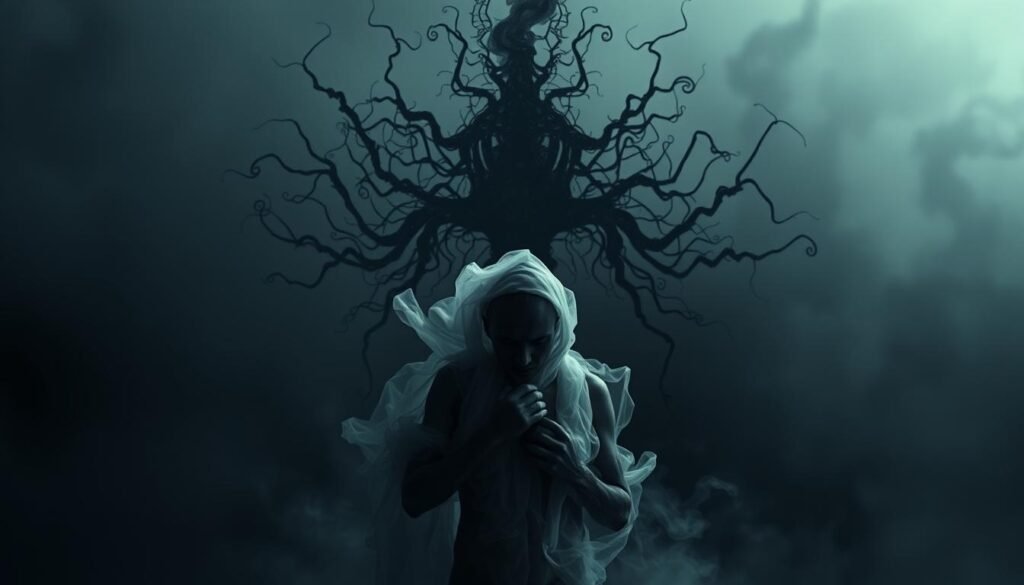 A haunting, symbolic depiction of the human body under spiritual attack. In the foreground, a vulnerable figure shrouded in an ethereal, smoke-like aura, representing the fragility and anxieties of the psyche. Intricate, otherworldly tendrils and shapes loom in the middle ground, symbolizing the unseen forces encroaching upon the physical form. The background is a muted, dreamlike landscape, evoking a sense of the subconscious and the unknown. Dramatic chiaroscuro lighting casts deep shadows, heightening the sense of unease and the weight of the targeted message. Rendered in a style that blends surrealism and occult symbolism, this image conveys the powerful, spiritual significance of the body's vulnerabilities in the realm of dreams.