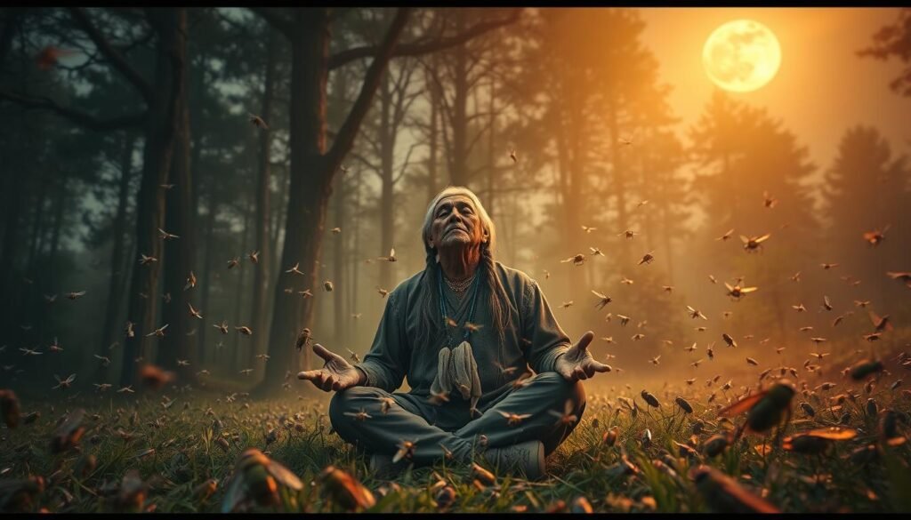 A hazy, dreamlike scene depicting Native American spiritual beliefs about flies. In the foreground, a Native American elder sits cross-legged, eyes closed in meditation, surrounded by a swarm of iridescent flies. Behind them, a lush forest with towering trees and a moonlit sky, casting a warm, ethereal glow. The flies appear to shimmer and dance, conveying a sense of mystery and connection to the natural world. The image evokes a sense of reverence and respect for the spiritual significance of flies in Native American dream interpretation.