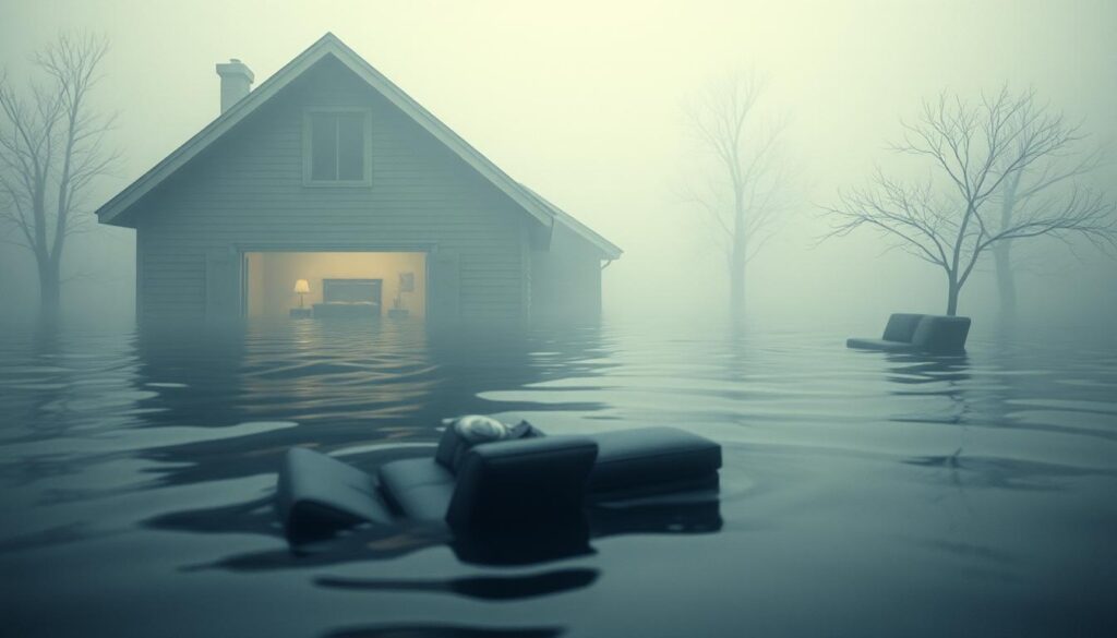 A house engulfed in a surreal flood, its boundaries blurred by the encroaching waters. The foreground depicts a partially submerged interior, furniture and personal items adrift, symbolizing the invasion of one's private space. In the middle ground, the water level rises, seeping through windows and doorways, eroding the barriers between the home and the external world. The background fades into a dreamlike haze, a liminal space where the line between reality and the subconscious is obscured. The scene is bathed in a soft, ethereal light, creating an atmosphere of unease and vulnerability, reflecting the emotional turmoil of personal space being breached.