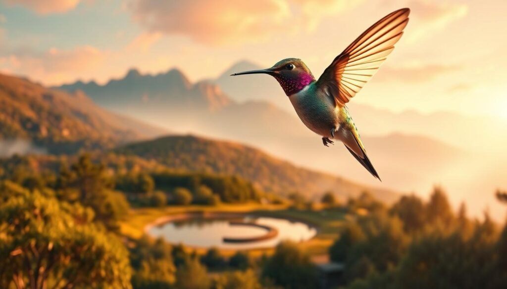 A hummingbird hovers before a vibrant, dreamlike landscape, its iridescent feathers catching the warm, golden light. In the middle ground, a serene pond reflects the surrounding foliage, while in the distance, a majestic mountain range rises against a soft, pastel sky. The scene exudes a sense of tranquility and guidance, inviting the viewer to contemplate the hummingbird's message about one's life purpose and direction. The image is captured through a wide-angle lens, creating a sense of depth and immersion. The overall mood is one of wonder, inspiration, and a connection to the divine.
