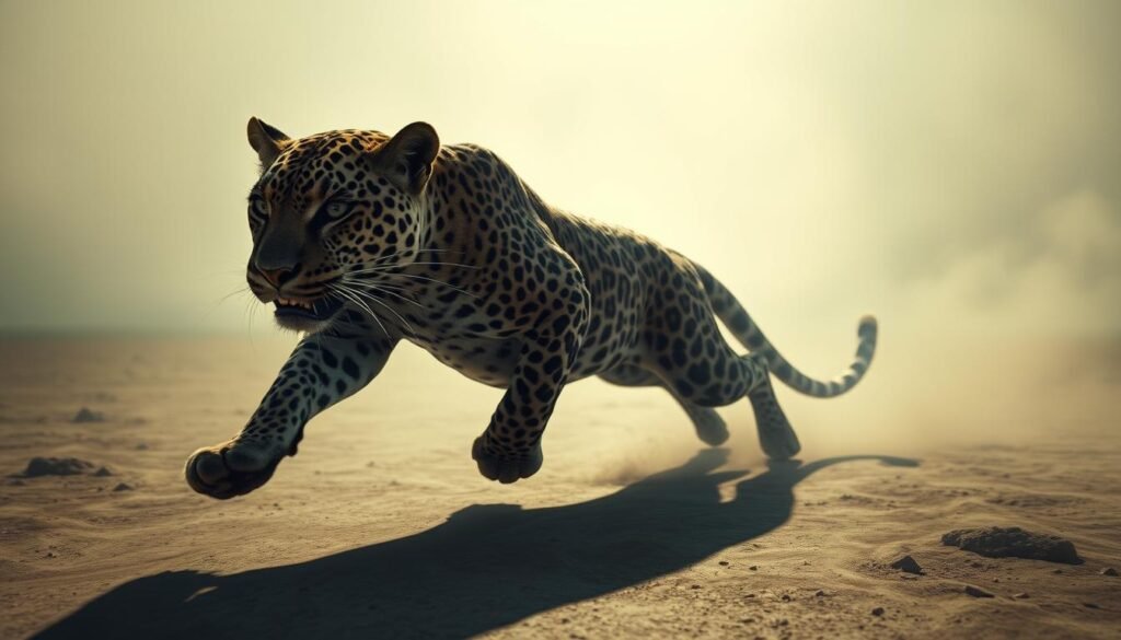 A leopard surges forward, its spotted fur rippling with power, eyes narrowed with fierce determination. The predator's pursuit casts long shadows across a surreal dreamscape, where the boundaries between reality and imagination blur. In the background, a hazy, ethereal landscape unfolds, infused with a sense of unease and primal energy. Soft, muted tones create an atmospheric, psychological mood, heightening the symbolic significance of the chase. Dramatic lighting illuminates the leopard's intense focus, as if the very act of the pursuit reflects the subconscious desires and fears unfolding within the dreamer's mind.