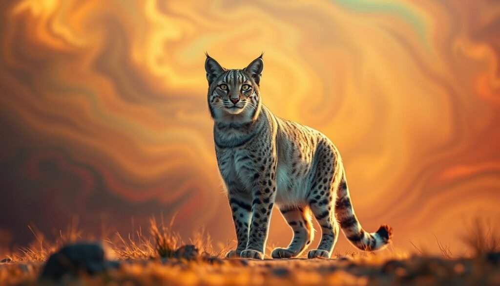 A lone bobcat stands in a dreamlike landscape, its eyes gazing into the distance with a fierce independence. The background is a swirling, ethereal blend of vibrant colors, suggesting the spiritual realm. Warm, golden light bathes the scene, casting a serene and introspective mood. The bobcat's pose is confident and alert, symbolizing the individual's inner strength and freedom. The composition places the bobcat as the focal point, commanding attention and inviting the viewer to ponder the deeper meaning of this powerful creature's presence. Detailed textures and a high-resolution photorealistic style bring this symbolic dream vision to life.