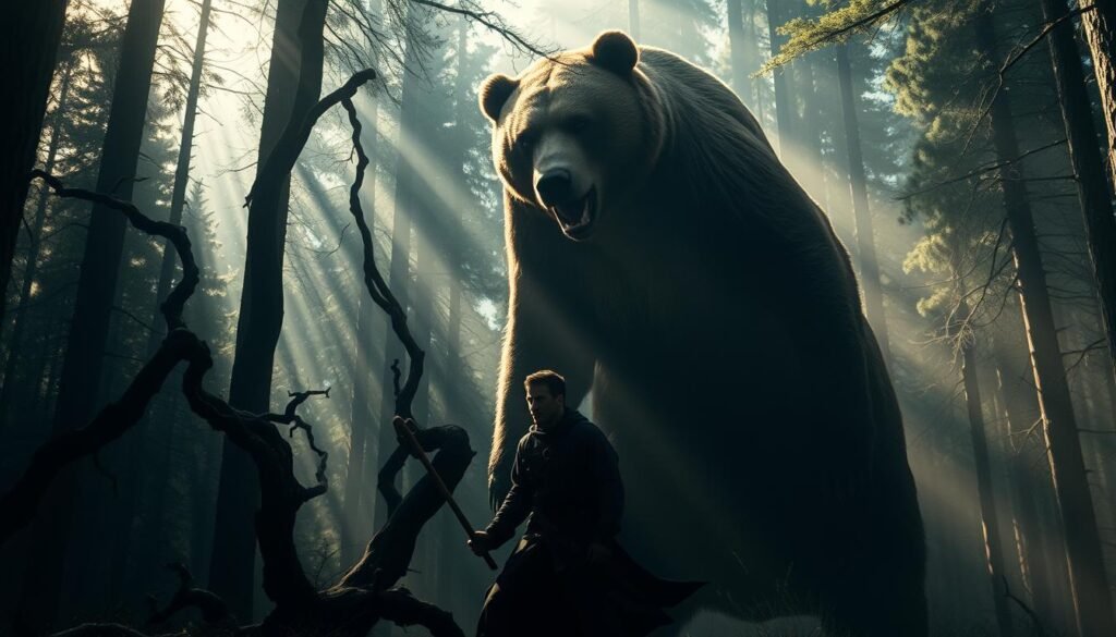 A lone figure, wielding a sturdy staff, stands resolute against a towering, menacing brown bear. Sunlight filters through the dense forest canopy, casting dramatic shadows and highlights across the scene. The dreamer's face is etched with determination, their stance poised and ready to defend against the bear's fierce advance. In the middle ground, twisted, gnarled tree trunks create a sense of confinement, heightening the intensity of the confrontation. The background fades into a hazy, dreamlike realm, emphasizing the surreal nature of the encounter. The lighting is dramatic, with harsh contrasts and deep shadows, conveying the high-stakes peril of the situation. The overall mood is one of visceral, primal struggle - a fight for survival against the raw power of nature.