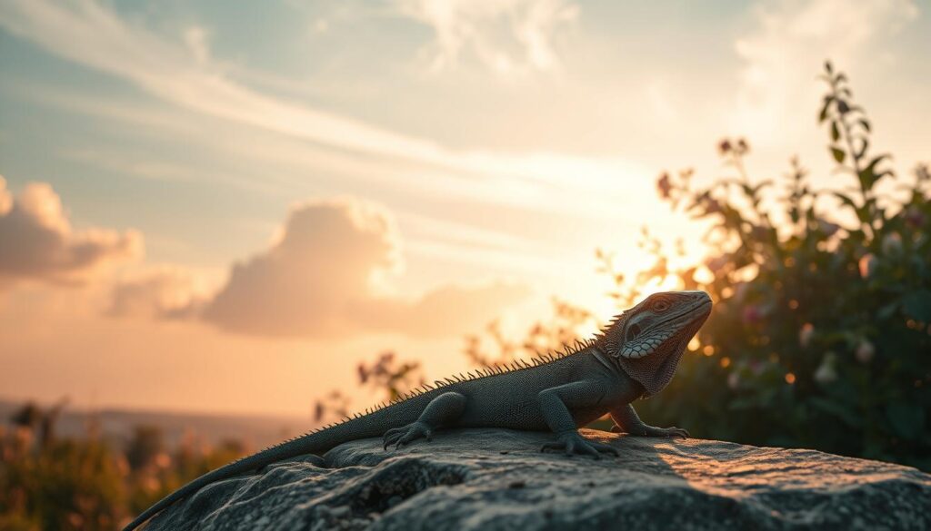A lucid dream landscape, bathed in a warm, golden glow. In the foreground, a serene lizard rests on a weathered stone, its scales shimmering with an iridescent sheen. Behind it, a lush, verdant garden blossoms, symbolizing the potential for personal growth and transformation. Wispy clouds drift across a tranquil sky, creating a sense of contemplation and inner peace. The composition is balanced, with the lizard positioned as the central focus, inviting the viewer to ponder the deeper meaning and significance of this reptilian presence in the dream realm.