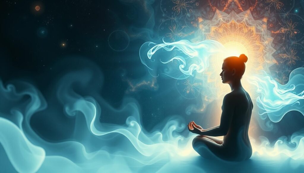 A lucid dreamscape, a realm where consciousness blossoms. In the foreground, a figure engrossed in deep meditation, their aura emanating a serene glow. Surrounding them, swirling mists of ethereal energy, hinting at the intangible nature of the dream realm. In the middle ground, abstract forms and shapes coalesce, reflecting the fluid nature of consciousness as it navigates the subconscious. The background is a tapestry of shifting patterns and hues, a kaleidoscopic representation of the interconnectedness of the physical and the spiritual. Soft, diffused lighting casts a mystical ambiance, accentuating the sense of otherworldly exploration. A wide-angle lens captures the vastness of this inner landscape, inviting the viewer to experience the profound mystery of dream walking.