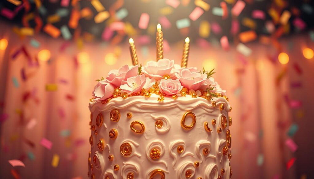 A lush, celebratory cake takes center stage, adorned with intricate floral decorations and shimmering golden accents. Overhead, an ethereal glow bathes the scene, casting a dreamlike ambiance. In the background, vibrant confetti cascades, evoking a sense of joy and anticipation. The composition is framed by a softly blurred, pastel-hued backdrop, lending a serene, contemplative quality to the image. The cake stands as a symbolic representation of the deep connection between dreams, celebrations, and the meaningful moments that shape our lives.