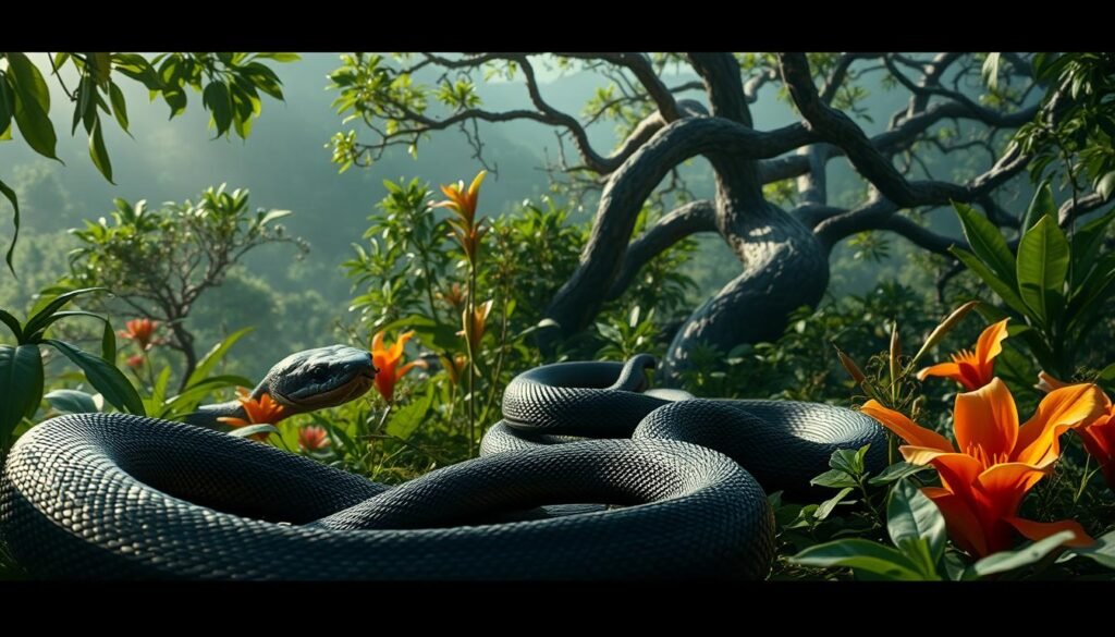 A lush, dreamlike landscape showcasing various types of black snake species. In the foreground, a coiled black mamba, its scales glistening under the soft, diffused lighting. In the middle ground, an elegant black racer snake slithering through the undergrowth, surrounded by vibrant, exotic flora. In the distant background, the shadowy silhouette of a formidable black rat snake intertwined with the twisted branches of an ancient tree. The scene exudes a sense of mystery and transformation, inviting the viewer to ponder the symbolism and significance of black snakes in the realm of dreams.