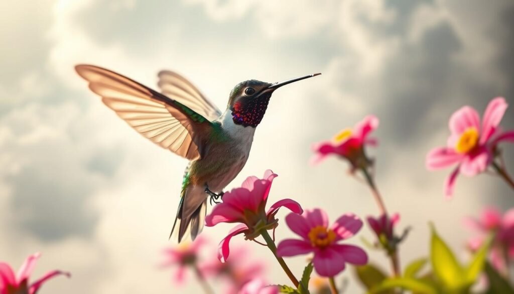 A magnificent hummingbird hovers amidst vibrant flowers, its iridescent feathers shimmering in the soft, diffused sunlight. The bird's wings are frozen in a mesmerizing blur, capturing its remarkable agility and grace. In the background, a dreamlike landscape unfolds, with swirling mists and ethereal clouds that evoke a sense of the otherworldly. The overall scene radiates a sense of tranquility, wonder, and a deeper connection to the spiritual realm, symbolizing the profound meaning and significance of the hummingbird in dreams.