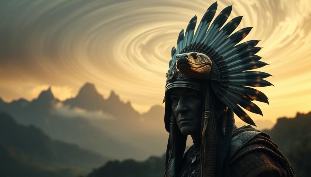 A majestic Native American ceremonial headdress adorns the head of a regal figure, their face partially obscured by the serpentine coils of a striking king cobra. The cobra's hooded head stands tall, its piercing gaze commanding attention. In the background, a mystical landscape unfolds, with towering mountains and a swirling, ethereal sky. The lighting is soft and muted, creating an atmosphere of contemplation and spiritual introspection. The overall composition evokes the profound connection between the Native American tradition and the symbolic power of the serpent, hinting at the complex interplay between the seen and unseen realms.