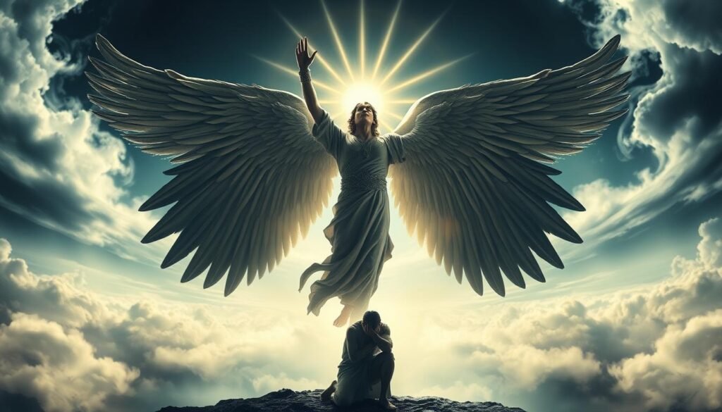 A majestic angelic figure stands in the foreground, wings outstretched in a victorious pose, radiating divine light. In the middle ground, a smaller figure kneels in defeat, shrouded in shadow and despair. The background depicts a vast, ethereal landscape, with swirling clouds and a faint heavenly glow, evoking a sense of the spiritual realm. The lighting is dramatic, creating strong contrasts and emphasizing the spiritual symbolism. The composition is balanced, with the victorious angel and the defeated figure forming a dynamic visual dichotomy. The overall atmosphere is one of transcendent power, triumph, and the profound spiritual significance of victory and defeat.