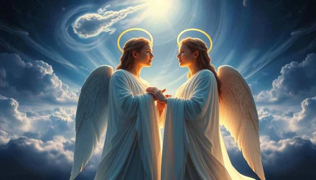 A majestic biblical scene with symbolism of celestial twins, divine duality, and the mysteries of the subconscious. In the foreground, two angelic figures with entwined halos, dressed in flowing white robes, stand together in serene contemplation. Their faces are illuminated by a soft, heavenly light. In the middle ground, a mystical dream landscape unfolds, with swirling clouds and celestial bodies. The background is a vast, ethereal expanse of deep blues and purples, evoking the vastness of the spiritual realm. The overall atmosphere is one of sacred harmony, inviting the viewer to reflect on the symbolic significance of twins in biblical and dream interpretation.