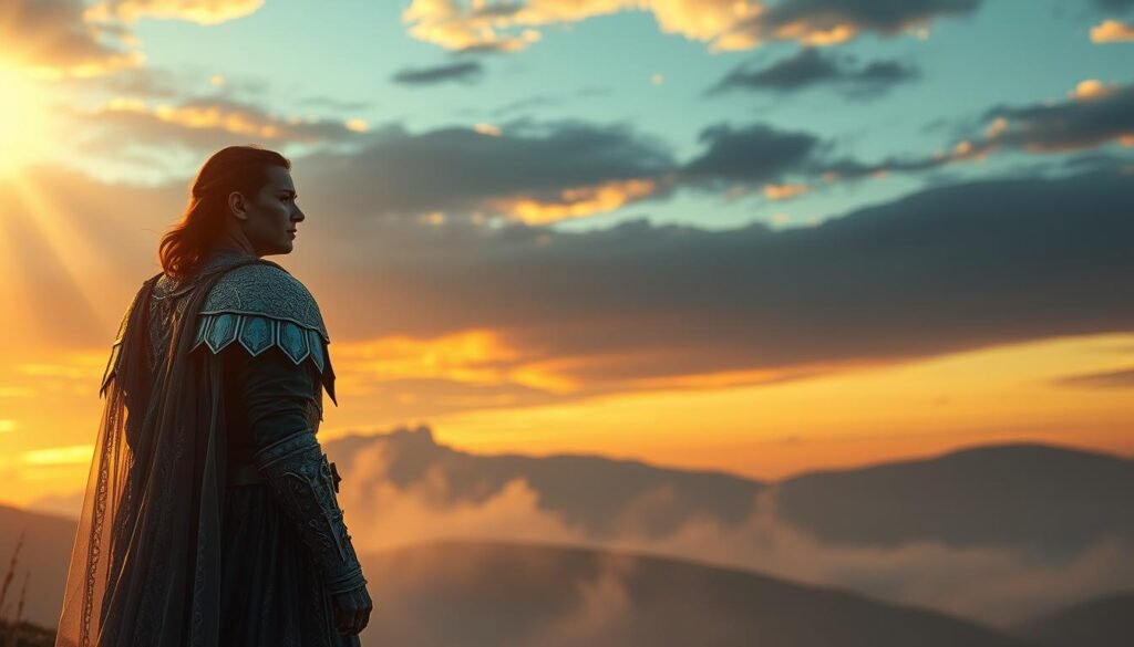 A majestic, ethereal landscape at dawn. In the foreground, a figure clad in shimmering, translucent armor stands resolute, their expression serene yet determined. Celestial light filters through wispy clouds, casting a warm, otherworldly glow. In the middle ground, wisps of mist swirl, hinting at unseen spiritual forces. The background depicts a vast, expansive sky, its hues transitioning from deep indigos to vibrant oranges, evoking a sense of transcendent power. The overall atmosphere is one of profound inner strength, divine protection, and a connection to the realm beyond the physical.