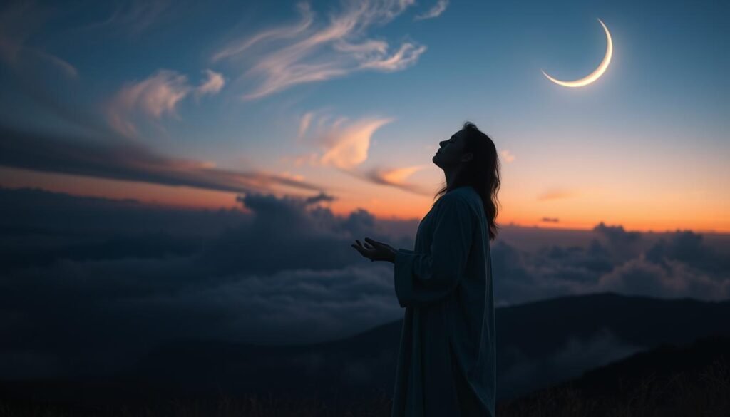 A majestic, ethereal landscape at twilight. In the foreground, a figure in flowing robes, eyes closed, hands outstretched, connecting to a dreamlike vision of celestial beings and shimmering energy fields. Soft, warm lighting illuminates the scene, creating an atmosphere of profound spiritual tranquility and divine guidance. Wispy clouds and a crescent moon in the deep blue sky above, hinting at the mysteries of the subconscious. The composition is balanced, with a sense of depth and dimensionality, drawing the viewer into a realm of transcendent insight and cosmic wisdom.