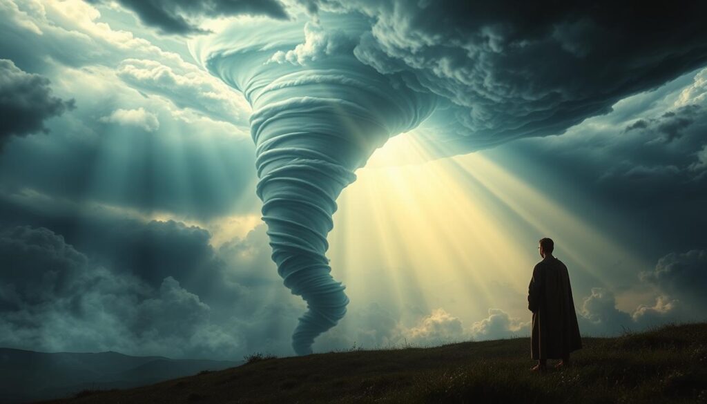 A majestic, ethereal tornado swirls amidst a stormy, heavenly landscape. Shafts of divine light pierce the turbulent clouds, illuminating the scene with a sense of awe and reverence. In the foreground, the silhouette of a solitary figure - Job himself - stands in contemplation, as if listening to the voice of God echoing through the whirlwind. The tornado's twisting, spiraling form evokes a sense of power and mystery, reflecting the divine message conveyed in the Book of Job. The overall atmosphere is one of mysticism, wonder, and a profound connection between the human and the divine.