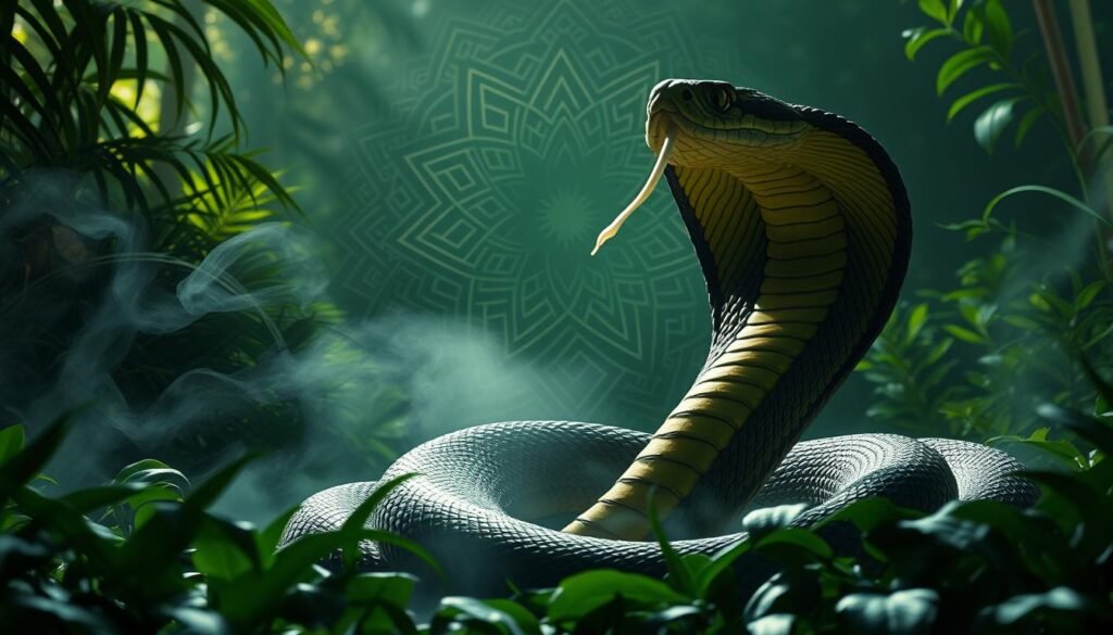 A majestic king cobra, its hooded head rising from a lush, verdant jungle. Ethereal light bathes the scene, casting a mystical glow. The snake's coils seemingly undulate with an ancient, primal energy, a symbol of kundalini, the divine feminine force. Wisps of mist curl around the serpent, hinting at the realms of the unseen. In the background, a kaleidoscopic mandala of sacred geometry shimmers, evoking the cosmic consciousness. The overall atmosphere is one of profound spiritual awakening, a divine encounter with the powerful archetype of the king cobra. Captured through the lens of a high-resolution, wide-angle camera, this image invites the viewer to ponder the multifaceted symbolism of the king cobra in the realm of dreams and the subconscious.