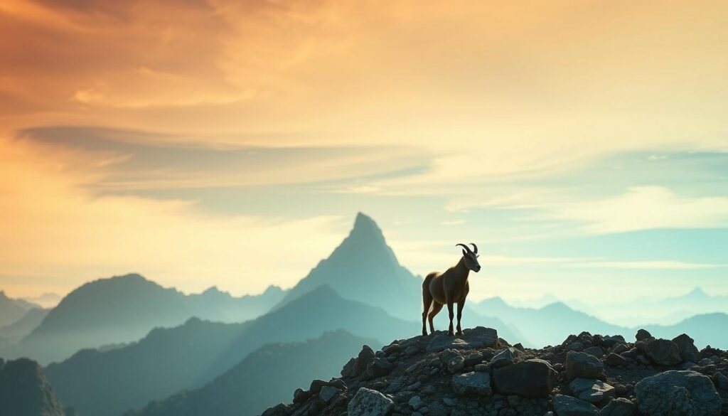 A majestic mountain peak rises in the distance, its jagged edges silhouetted against a vibrant, dreamlike sky. In the foreground, a solitary mountain goat stands atop a rocky outcrop, its gaze fixed on the horizon. The animal's powerful, sure-footed stance symbolizes freedom, ambition, and the ability to navigate challenging terrain. Diffused natural lighting casts a warm, ethereal glow, creating a sense of mysticism and spiritual connection. The scene is composed with a cinematic, wide-angle lens, emphasizing the grandeur of the landscape and the small, yet significant, presence of the mountain goat. This image evokes a sense of awe, inspiration, and the pursuit of lofty goals, mirroring the themes of the "Wild Mountain Goats: Freedom and Ambition" section.