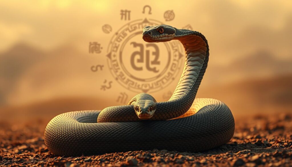 A majestic python coiled gracefully, its scales glistening in the warm light of a serene, dreamlike landscape. In the foreground, the snake's hypnotic gaze captivates, symbolizing the intuitive, spiritual nature of dreams. In the middle ground, ancient cultural symbols and patterns swirl around the serpent, representing the diverse global interpretations of its meaning. The background features a hazy, ethereal skyscape, evoking the subconscious realm where our dreams reside. Soft, diffused lighting casts a contemplative, mystical atmosphere, inviting the viewer to ponder the snake's profound significance across cultures and the collective human experience.