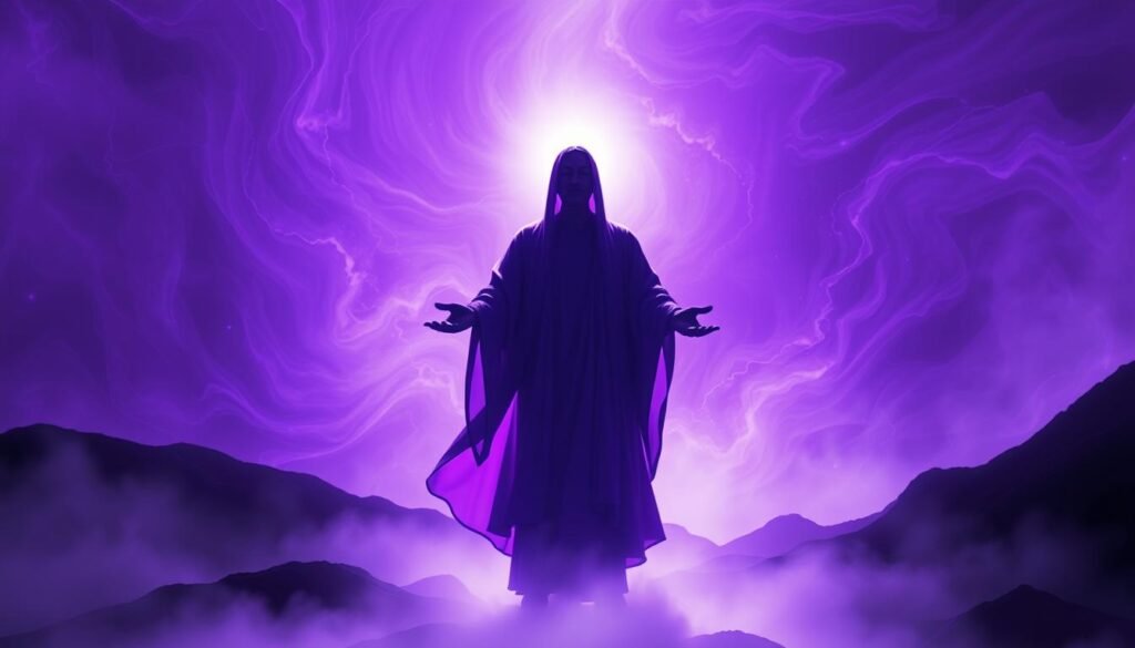 A majestic silhouette of a spiritual leader, robed in flowing purple garments, stands with an aura of divine authority. The figure's face is obscured, but an ethereal glow radiates from within, illuminating the surroundings. In the background, swirling purple energy forms a dreamlike landscape, with abstract patterns and shapes that evoke a sense of the mystical. Soft, directional lighting casts dramatic shadows, creating a sense of depth and mystique. The composition is balanced, with the central figure commanding attention, while the background elements add depth and atmosphere. The overall mood is one of reverence, introspection, and a connection to the spiritual realm.