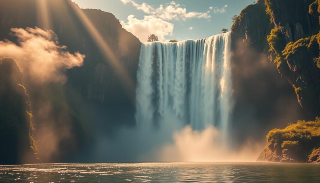 A majestic waterfall cascades over towering cliffs, its shimmering waters a symbol of the untamed power and boundless energy of the subconscious mind. The misty spray dances in the warm sunlight, creating a ethereal veil that obscures the rocky depths below. In the foreground, a serene pool reflects the surrounding verdant foliage, inviting deeper contemplation of the waterfall's deeper meaning. The scene is bathed in a soft, golden glow, evoking a sense of tranquility and introspection. Wispy clouds drift overhead, adding to the dreamlike quality of the landscape. This captivating vista represents the transformative potential of our deepest desires and the wellspring of our most profound insights.