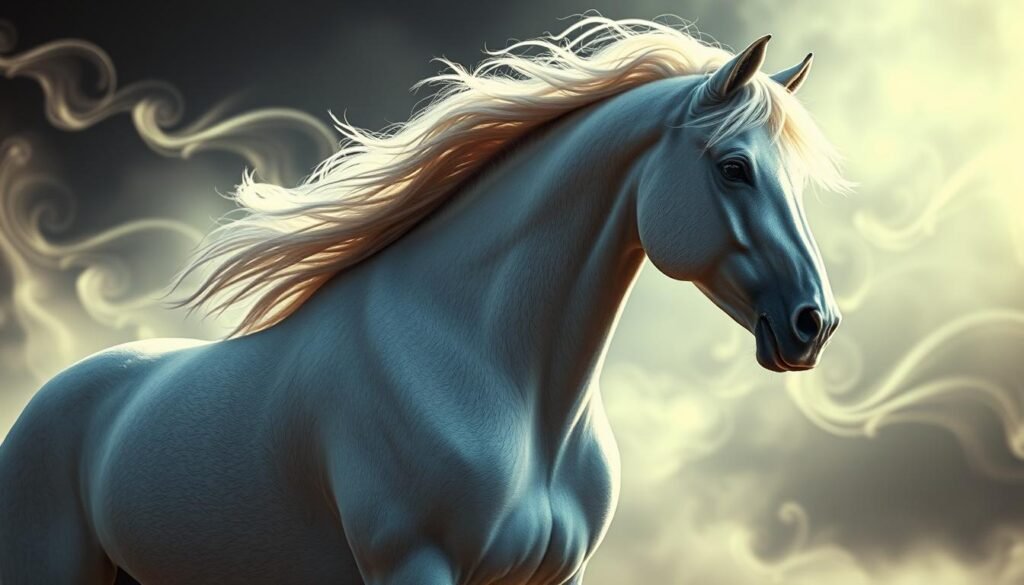 A majestic white horse, its mane flowing in the wind, stands tall and proud, symbolizing divine victory and conquest. The horse is depicted in a dramatic, cinematic style, with dramatic lighting casting shadows across its powerful form. The background is a swirling, ethereal landscape, hinting at the spiritual and prophetic nature of the imagery. The horse's gaze is resolute, conveying a sense of purpose and divine authority. The overall composition is balanced and harmonious, creating a sense of awe and reverence.