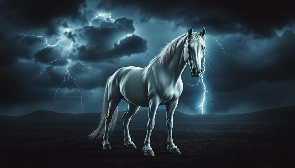 A majestic white horse stands in a dimly lit, foreboding landscape. Ominous clouds loom overhead, casting an eerie glow. The horse's eyes are wide with alarm, its muscles tense, hooves pawing the ground. In the distance, jagged lightning splits the sky, illuminating ancient runes and symbols etched into the earth. A sense of impending doom permeates the scene, hinting at the prophetic warnings and divine visions hidden within this equine dream. Moody, dramatic lighting highlights the horse's ethereal, otherworldly presence, while the ominous environment underscores the grave significance of this mystical encounter.