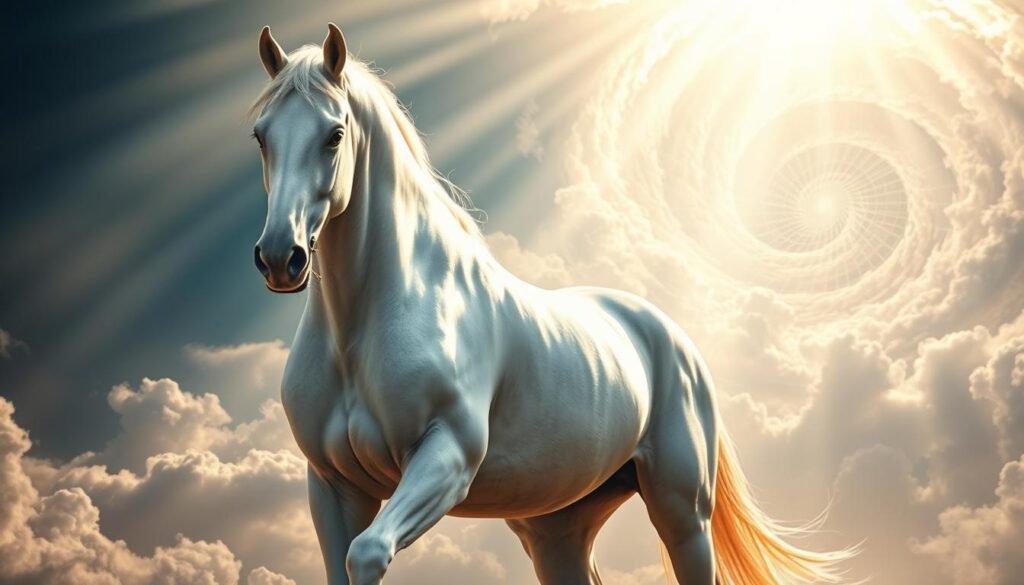 A majestic white horse stands tall, its powerful muscles rippling beneath a glossy coat. Celestial rays of light pour down, casting a divine glow upon the steed. Its eyes blaze with a fierce, unwavering determination, symbolizing the unshakable strength and authority of the divine. In the background, a swirling vortex of clouds parts, hinting at a heavenly realm beyond. The horse's rider is unseen, their presence implied by the aura of sovereignty and otherworldly power that permeates the scene. This image evokes the biblical symbolism of the white horse, representing the military might and righteous judgment of the Almighty.