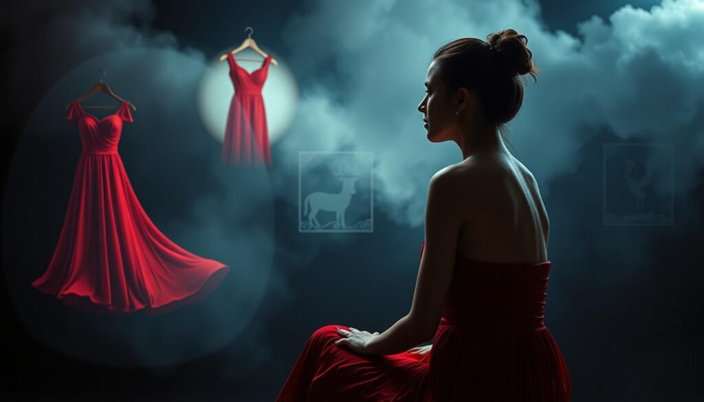 A meticulously composed scene depicting the psychological analysis of a woman's dream featuring a vibrant red dress. In the foreground, a pensive female figure sits in contemplation, her gaze inward as she examines the symbolic significance of the vivid crimson garment. In the middle ground, ethereal semi-transparent overlays showcase Jungian archetypes and subconscious motifs, hinting at the deeper layers of meaning within the dream imagery. The background is rendered in soft, dreamlike tones, evoking a sense of the subconscious realm. Dramatic, moody lighting casts dramatic shadows, heightening the introspective atmosphere. The overall composition conveys a sense of introspection, spiritual insight, and the interconnectedness of the conscious and unconscious mind.
