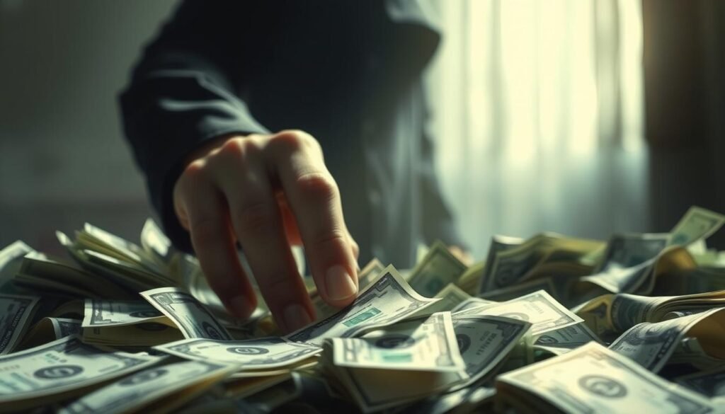 A meticulously crafted illustration showcasing the symbolic interplay between clean and dirty money in dreams. The foreground depicts crisp, freshly minted banknotes, symbolizing abundance, prosperity, and ethical wealth. The middle ground features a hand gently sifting through the bills, hinting at the need to discern between genuine and illusory value. In the background, a shadowy figure lurks, representing the presence of tainted, unethical money and its potential to corrupt. Soft, ethereal lighting creates an atmosphere of contemplation, inviting the viewer to ponder the deeper significance of their financial dreams. Rendered with photorealistic precision, this image serves as a visual metaphor for the complex symbolism underlying the perception of money in the subconscious.