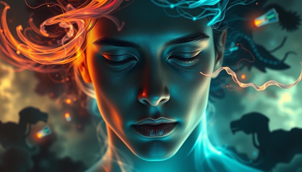 A meticulously rendered digital painting depicting the complex emotional landscape of a human psyche. The central focus is a close-up of a serene, pensive face reflecting deep introspection, framed by ethereal wisps of colorful energy swirling and pulsing around it. The background features a subtly luminous, dreamlike environment, with abstract shapes and forms suggesting the subconscious realm. Soft, diffused lighting creates a sense of tranquility, while strategic use of chiaroscuro enhances the dramatic, psychological intensity. The overall composition conveys a profound exploration of the human mind's emotional depths and the significance of disturbing dream experiences.