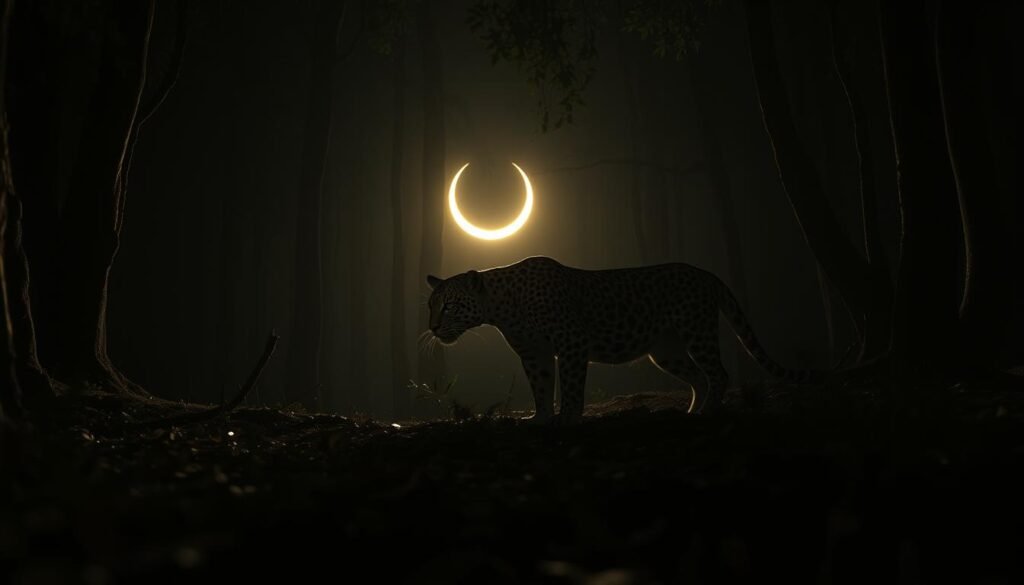 A moonlit forest at night, with a majestic leopard prowling through the shadows. The leopard's eyes gleam with a primal intelligence, its spotted coat blending seamlessly with the surrounding foliage. In the distance, a crescent moon casts a soft, ethereal glow, illuminating the scene with an air of mystery and mysticism. The ground is carpeted with fallen leaves, and the air is thick with the scent of damp earth and the faint calls of nocturnal creatures. The composition is balanced, with the leopard's powerful form occupying the center of the frame, surrounded by a dreamlike, atmospheric setting that invites the viewer to ponder the deeper symbolic meaning of the leopard's nocturnal exploration.