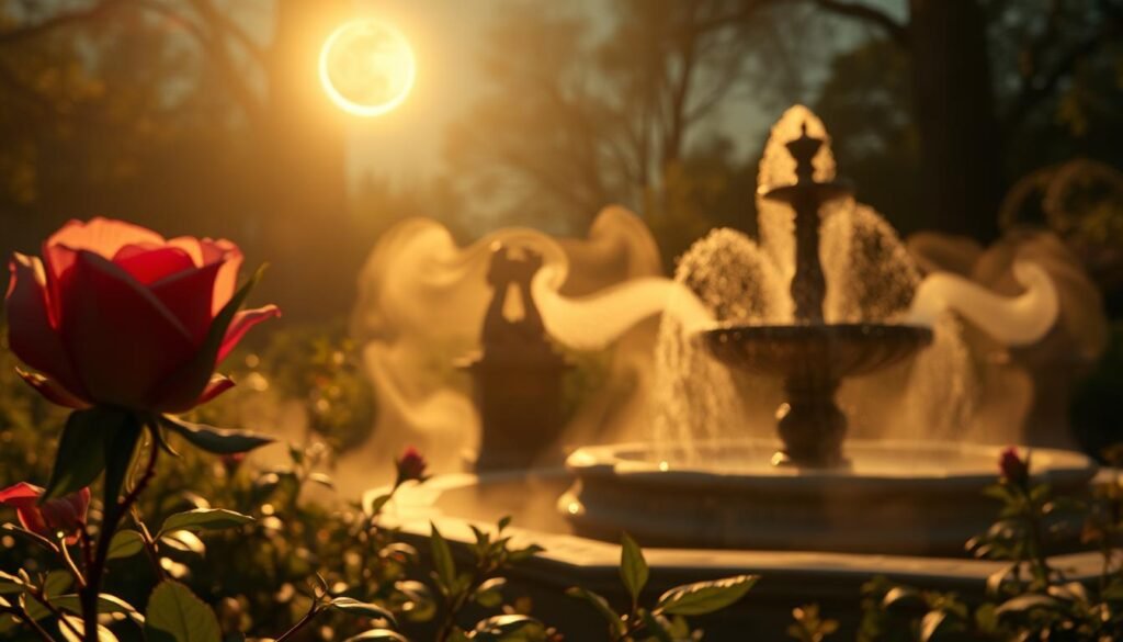 A moonlit garden, where ancient archetypes and romantic symbols intertwine. In the foreground, a delicate rose, its petals unfurling, symbolizing the blossoming of new desires. In the middle ground, a crescent moon casts a soft, ethereal glow, evoking the subconscious and the allure of the unknown. In the background, wisps of mist swirl around a stone fountain, its gentle flow a metaphor for the ebbing and flowing of past attractions. The scene is bathed in a warm, golden light, creating an atmosphere of nostalgia and introspection. This dreamscape invites the viewer to explore the hidden meanings of their own emotional landscape.