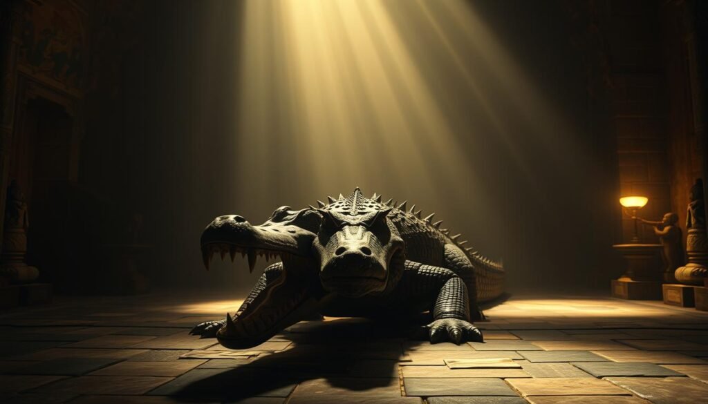 A mysterious and ancient crocodile statue stands in the center of a dimly lit temple, its carved scales and piercing gaze commanding attention. Soft, warm lighting casts dramatic shadows, evoking a sense of reverence and the weight of history. In the background, a mural depicts crocodile-headed figures engaged in enigmatic rituals, hinting at the creature's symbolic significance in this cultural dreamscape. The overall scene conveys a sense of mysticism, power, and the enduring legacy of this primordial reptile in the collective subconscious.