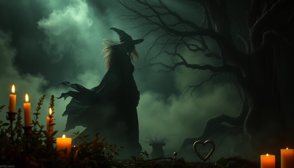 A mysterious, dimly lit dreamscape where a witch's silhouette emerges, her flowing robes and wild hair dancing in an ethereal breeze. In the foreground, fragrant herbs and flickering candles cast a warm, mystical glow, hinting at the witch's connection to the spiritual realm. In the middle ground, a swirling mist parts to reveal symbols of love and relationships - a pair of clasped hands, a heart-shaped locket, a ribbon of twined threads. In the shadowy background, an ancient tree with gnarled branches seems to whisper secrets of the past and future. The entire scene exudes a sense of otherworldly power, vulnerability, and the deep, intricate bond between the witch's dreams and her personal relationships.