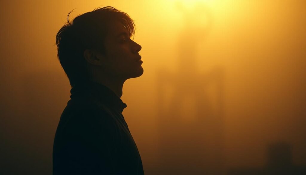 A mysterious figure stands in a dimly lit, dreamlike landscape. Soft, diffused lighting casts a warm, ethereal glow, creating an intimate, introspective atmosphere. The stranger's face is obscured, only hinting at their features, as they lean in towards the viewer, their lips slightly parted, inviting a tentative, enigmatic kiss. The background is hazy, blurred, and evocative, evoking a sense of the subconscious and the unknown. Subtle, abstract shapes and textures suggest the ambiguous, symbolic nature of the dream, leaving the interpretation open to the viewer's own personal interpretation and inner exploration.