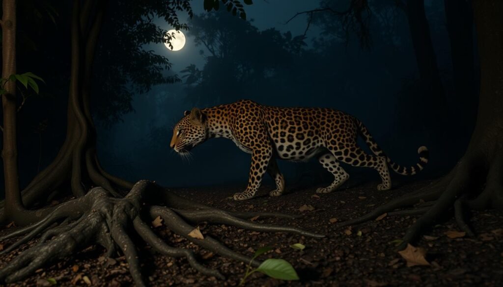 A mysterious jungle scene at twilight, moonlight filtering through the dense foliage. In the foreground, a large leopard prowls stealthily, eyes narrowed, muscles rippling beneath its spotted coat. Its movements are graceful and deliberate, as if stalking unseen prey. In the middle ground, gnarled tree roots and scattered leaves hint at the untamed wilderness. The background is filled with a hazy, dreamlike atmosphere, with wisps of mist curling around the distant treetops. The overall mood is one of primal power and intuitive connection with the natural world.