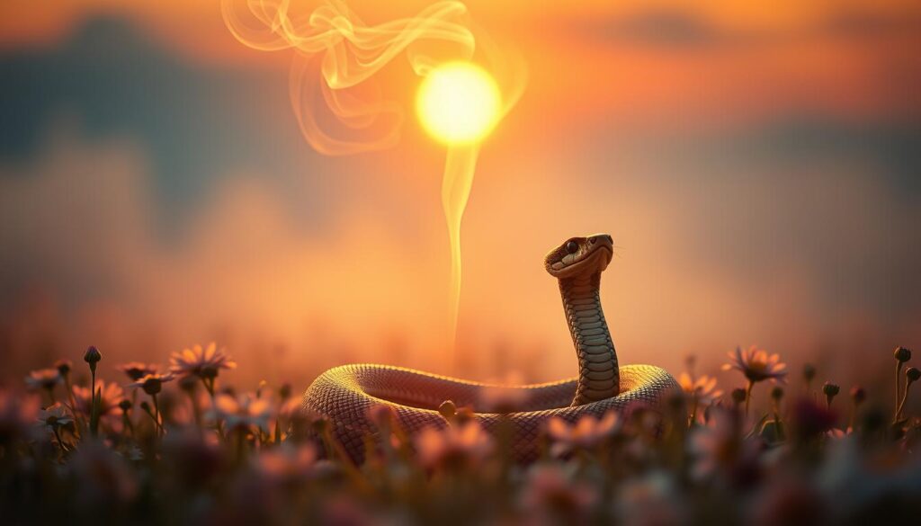 A mystic dreamscape unfolds, where a coiled rattlesnake emerges from a field of ethereal flowers, its scales glimmering under the soft, warm light of a golden hour sunset. The serpent's eyes reflect a profound wisdom, hinting at ancient symbolic meaning. In the middle ground, wisps of smoke curl upwards, mingling with the vibrant hues of the sky. The background fades into a hazy, abstract realm, suggesting the subconscious nature of the vision. Subtle, earthy tones and a sense of tranquility convey the spiritual essence of the rattlesnake's symbolic presence within the dream.