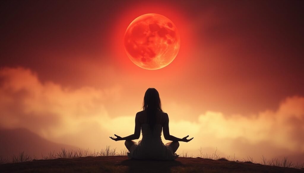 A mystical Blood Moon hangs suspended in a dreamlike sky, its crimson glow casting a haunting, spiritual atmosphere. In the foreground, a serene, feminine figure sits in a meditative pose, her eyes closed as she experiences a profound awakening. The landscape is shrouded in a hazy, ethereal mist, with wispy clouds and distant mountains creating a sense of transcendence. Warm, filtered lighting illuminates the scene, adding to the sense of introspection and inner transformation. The overall mood is one of deep contemplation, divine connection, and the embrace of the moon's powerful, emotive energies.