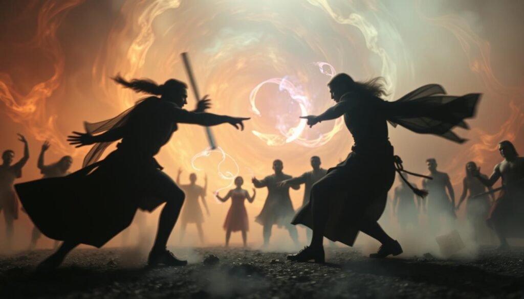 A mystical battlefield where ethereal warriors clash in a realm of spiritual energy. The foreground features two shadowy figures locked in an intense duel, their movements blurred as they exchange blows. In the middle ground, wisps of colorful light dance and intertwine, representing the unseen forces guiding the conflict. The background is a swirling vortex of ethereal mist, hinting at the cosmic scale of the spiritual struggle. The lighting is dramatic, casting dramatic shadows and highlights that accentuate the visceral nature of the battle. The whole scene is imbued with a sense of tension and otherworldly power, capturing the epic nature of a spiritual dream battle.