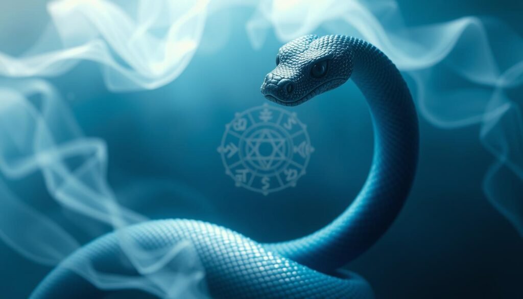 A mystical blue snake coils gracefully, its scales shimmering with divine energy. In the foreground, the serpent's slender body undulates against a backdrop of ethereal, translucent wisps, hinting at spiritual realms beyond the physical. Soft, diffused lighting casts a serene, almost dreamlike atmosphere, as if glimpsing a vision from a higher plane of consciousness. In the middle ground, abstract symbols and patterns emerge, representing the wisdom and hidden meanings to be uncovered within the blue snake's symbolism. The background fades into a deep, contemplative blue, evoking the subconscious depths where divine messages and premonitions may reside.