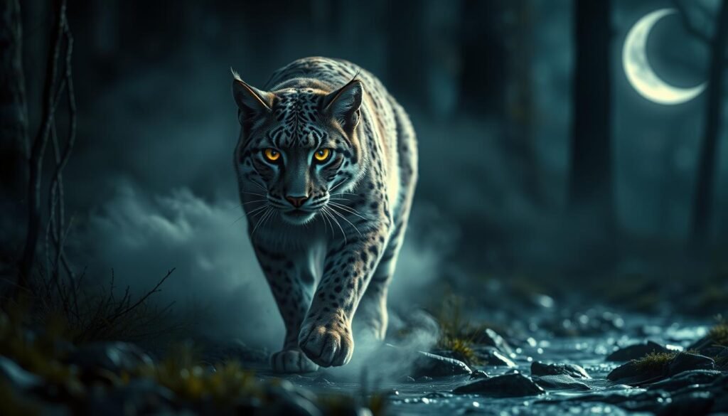 A mystical bobcat prowls through a dreamlike forest, its eyes glowing with an otherworldly intensity. Ethereal mist swirls around its paws, creating an atmosphere of enchantment. In the background, a crescent moon casts a soft, silvery glow, illuminating the scene with a sense of mysticism. The bobcat's fur appears to shimmer, as if imbued with the energy of the night. Its powerful, lithe frame conveys a sense of primal independence, while its piercing gaze suggests the presence of hidden dangers lurking within the shadows. Ambient lighting from a nearby stream adds depth and dimension to the composition, creating a sense of depth and dimensionality.