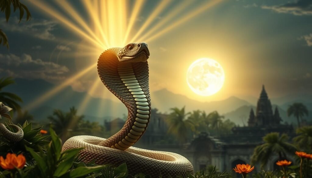A mystical cobra rises amidst a lush, verdant landscape, its majestic hood unfurled. Intricate patterns adorn its shimmering scales, symbolizing the divine energy of the kundalini. Rays of golden light stream down, illuminating the serpent's regal presence. In the background, ancient temple ruins and a glowing full moon evoke a timeless, spiritual atmosphere. The scene radiates a sense of power, wisdom, and the sacred connection between the cobra and the transcendent realms of consciousness.