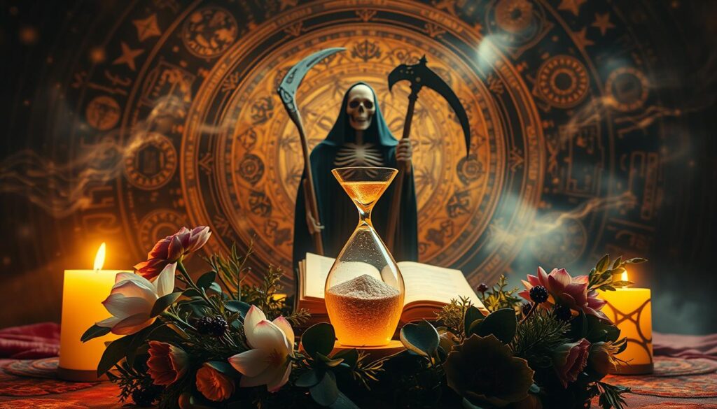 A mystical collage of cultural dream interpretation symbols, bathed in warm, ethereal lighting. In the foreground, a wreath of symbolic flora - lotus blossoms, olive branches, and nightshade - encircles a glowing, crystalline hourglass. In the middle ground, a spectral, skeletal figure in ceremonial robes stands solemnly, holding a scythe and an open book. Behind, a swirling, kaleidoscopic backdrop of ancient sigils, celestial motifs, and occult iconography. The overall atmosphere is one of sacred, contemplative mystery, evoking the spiritual dimensions of the subconscious.