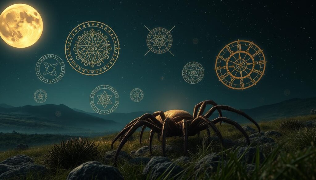 A mystical dream landscape, softly lit by a glowing lunar orb. In the foreground, intricate psychic protection symbols hover in the air, swirling with energy - ancient sigils, runes, and talismans imbued with spiritual power. The middle ground features a colossal centipede, its many legs moving with purpose, radiating an aura of guardianship. In the distant background, a starry night sky sets the serene, contemplative mood. Capture the sense of otherworldly forces at work, with the centipede as a conduit for prophetic dream messages.