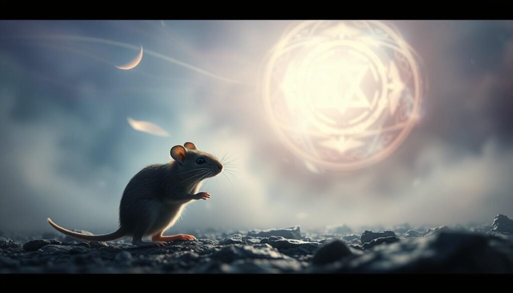 A mystical dream landscape where a mouse, a small yet powerful messenger, navigates a realm of ethereal symbolism. In the foreground, the mouse stands poised, its whiskers twitching, as if deciphering the hidden messages of the subconscious. The middle ground features a swirling, ethereal mist, through which glimpses of ancient runes and arcane symbols emerge, hinting at the deeper spiritual significance of the mouse's presence. The background is composed of a hazy, dreamlike sky, tinged with shades of indigo and lavender, evoking a sense of tranquility and introspection. Soft, diffused lighting casts a serene glow over the scene, inviting the viewer to delve into the profound meaning of the mouse's symbolic role in this spiritual landscape.